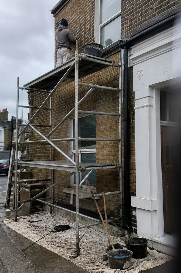 A builder repointing a London brick front from a tower scaffold