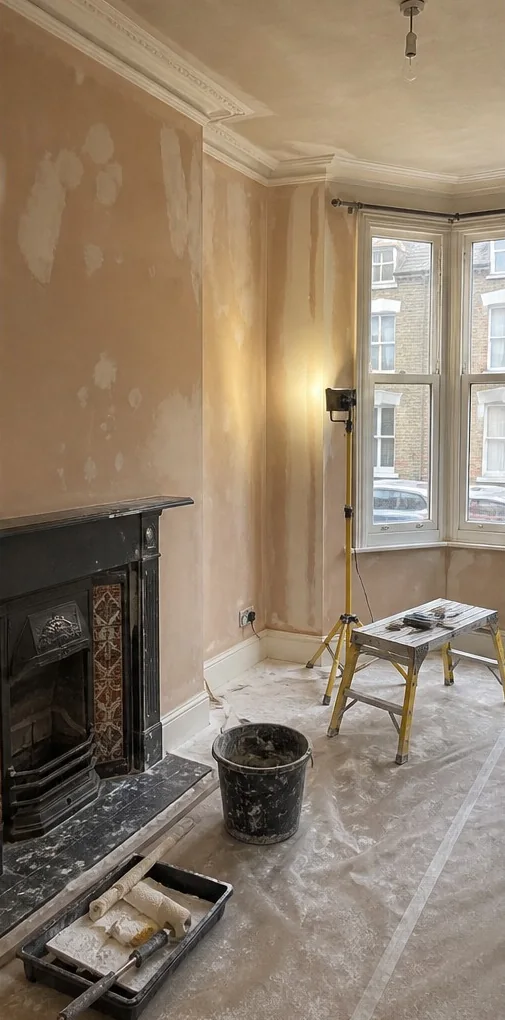 Bay-window room, replastered, during