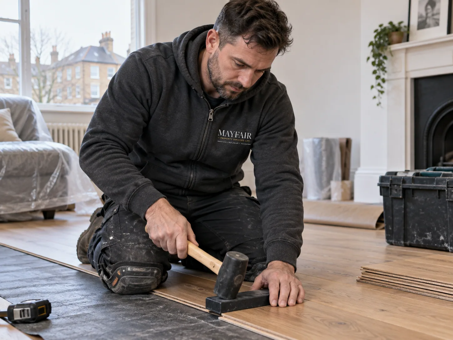 AI-generated illustration: floor fitter in Mayfair-branded workwear fitting timber boards