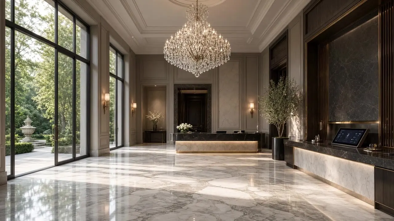 A marble entrance hall with a chandelier and a concierge desk