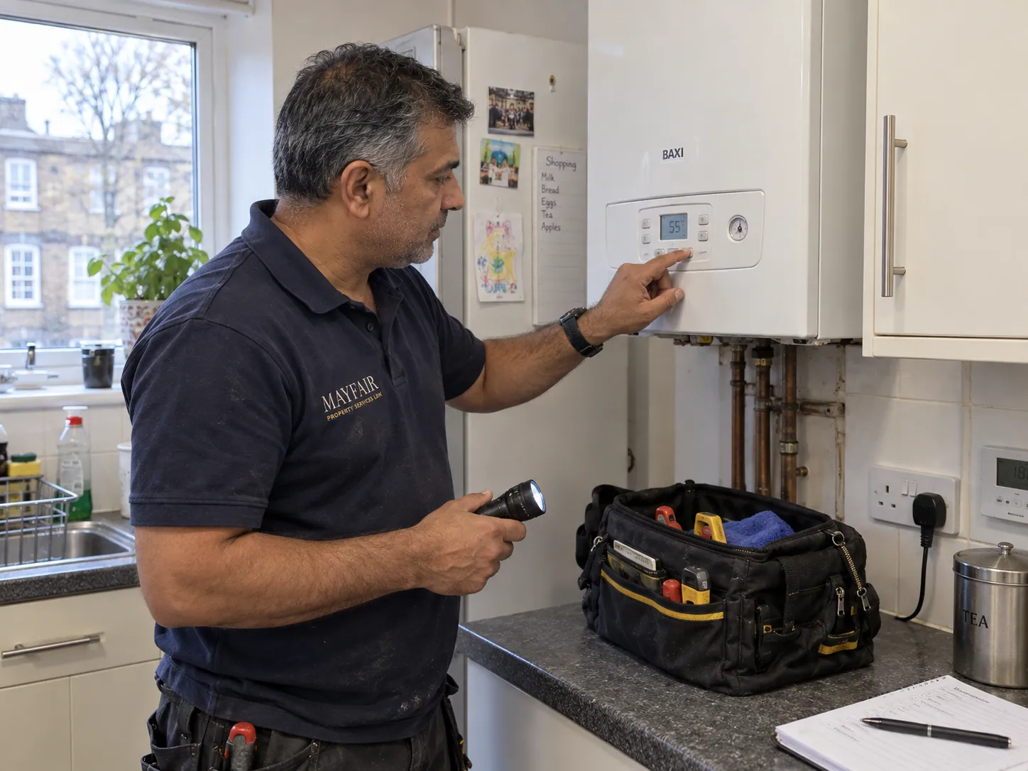 AI-generated illustration: Technician checking the external controls of a closed domestic boiler
