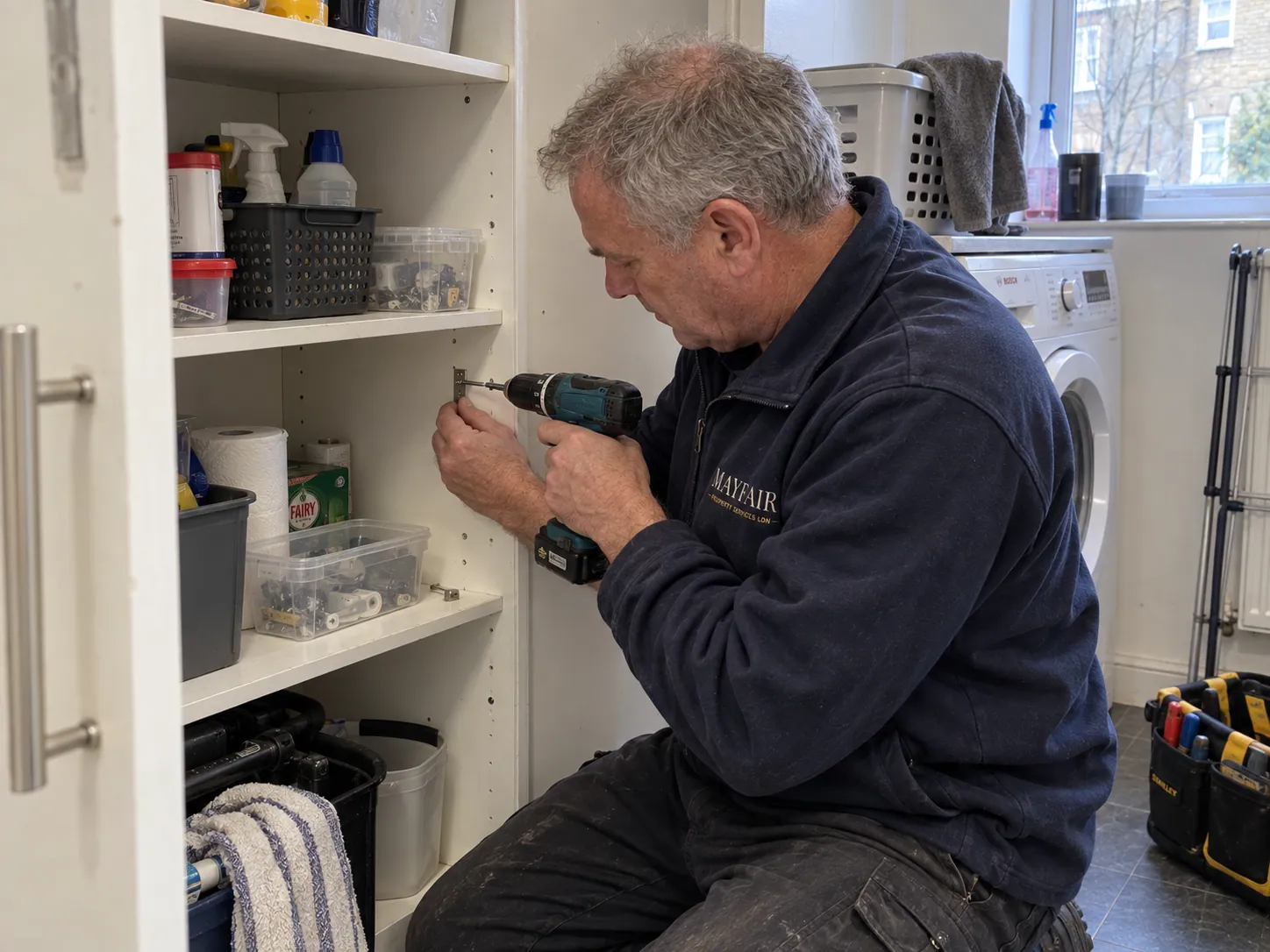 AI-generated illustration: Technician repairing a kitchen cupboard fitting