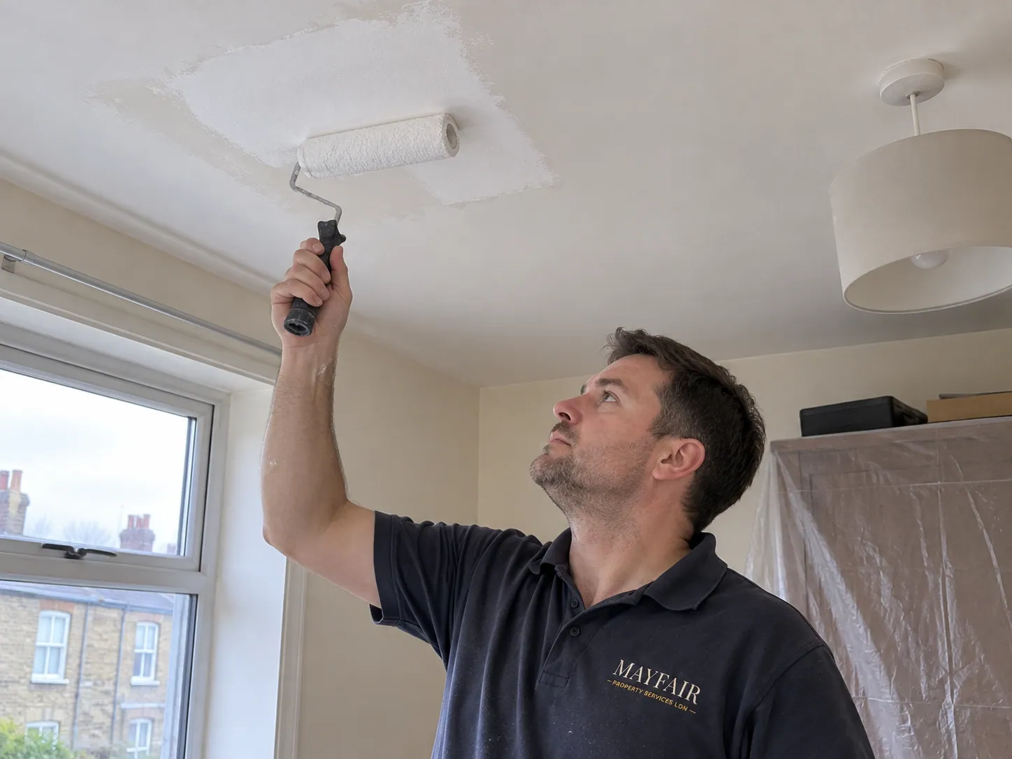 AI-generated illustration: Decorator applying paint to a prepared ceiling