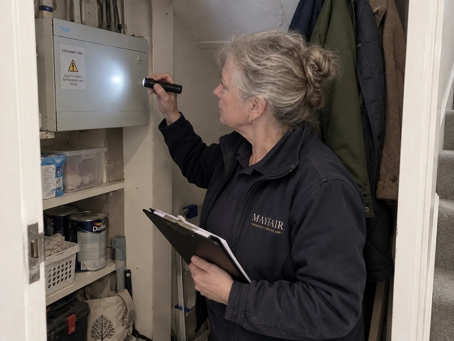 AI-generated illustration: Electrician visually inspecting a closed consumer unit