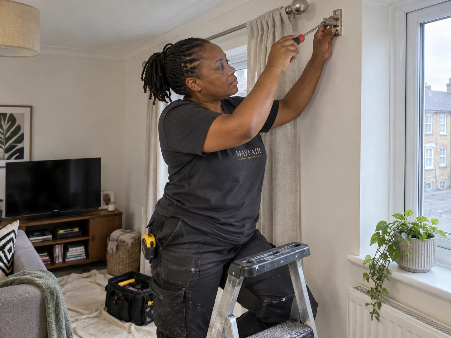 AI-generated illustration: Technician fitting a curtain rail from a stepladder