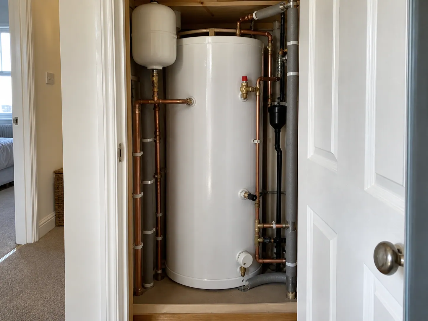 AI-generated illustration: Hot-water cylinder in a domestic cupboard