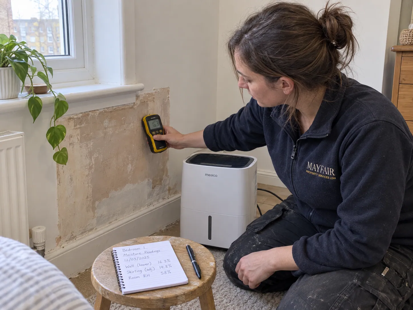 AI-generated illustration: Technician taking a moisture reading beside a damaged interior wall