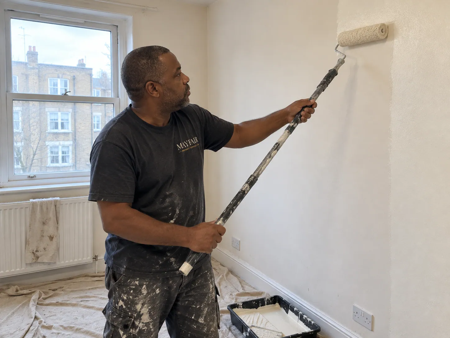 AI-generated illustration: Decorator rolling paint onto a wall with the floor protected