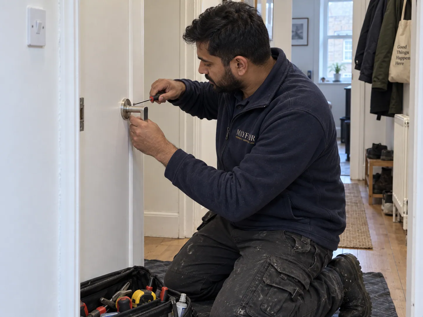 AI-generated illustration: Technician adjusting an internal door handle