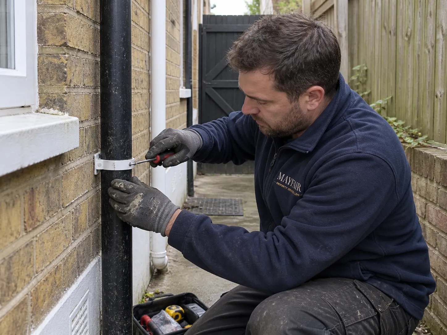 AI-generated illustration: Technician checking a low-level rainwater downpipe connection
