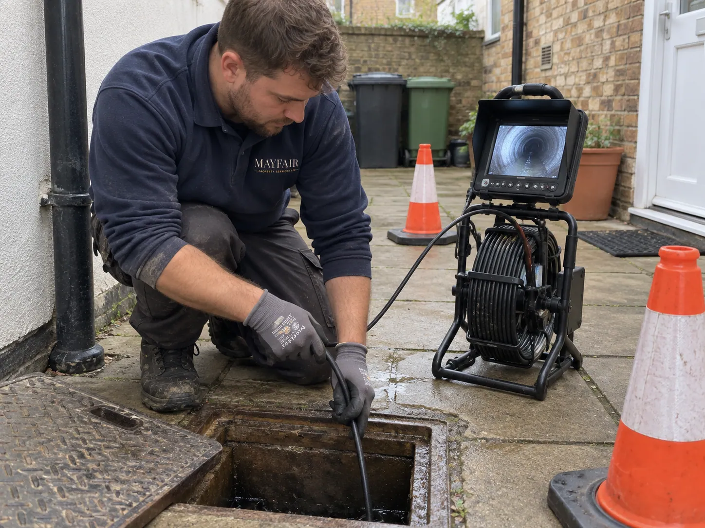AI-generated illustration: Technician using a drain-inspection camera at an access opening
