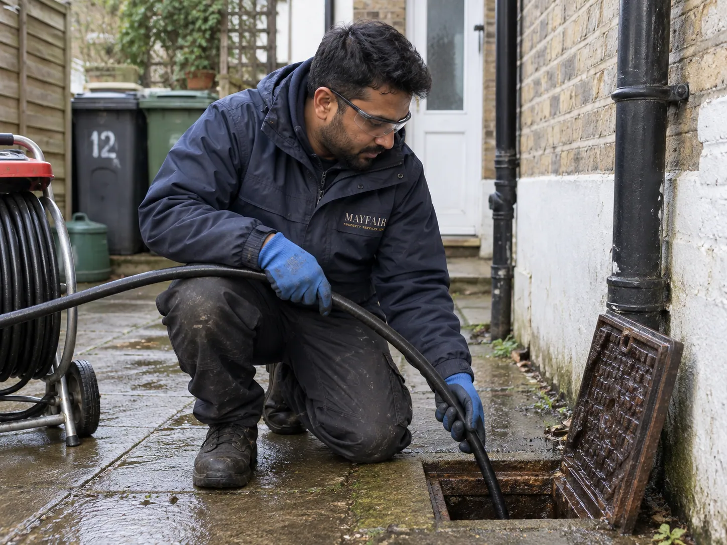 AI-generated illustration: Drainage technician working at an exterior drain access opening