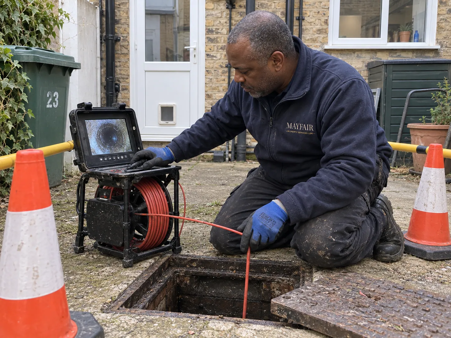 AI-generated illustration: Technician checking a drain using inspection equipment beside safety cones