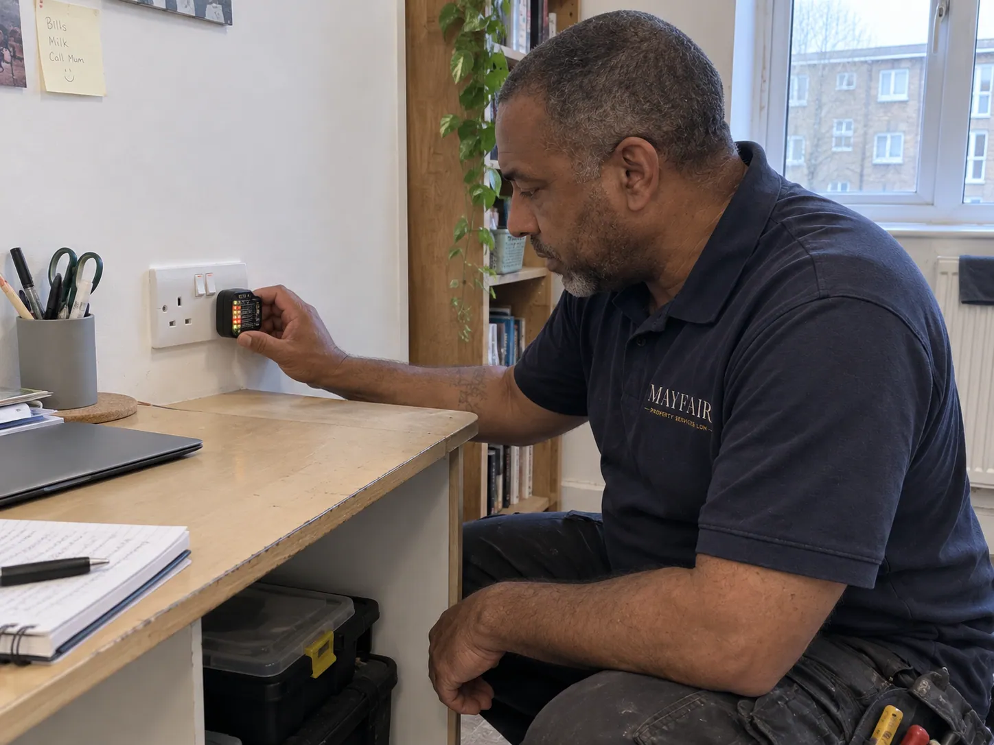 AI-generated illustration: Electrician checking a socket with a plug-in tester