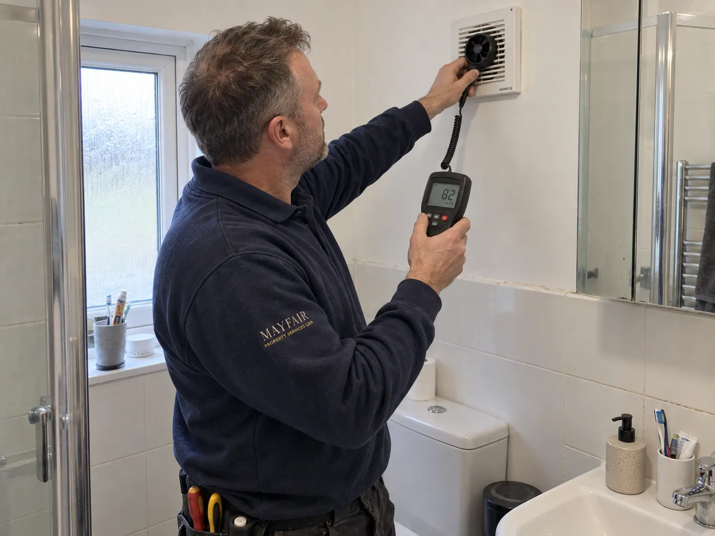 AI-generated illustration: Technician checking a bathroom extractor fan