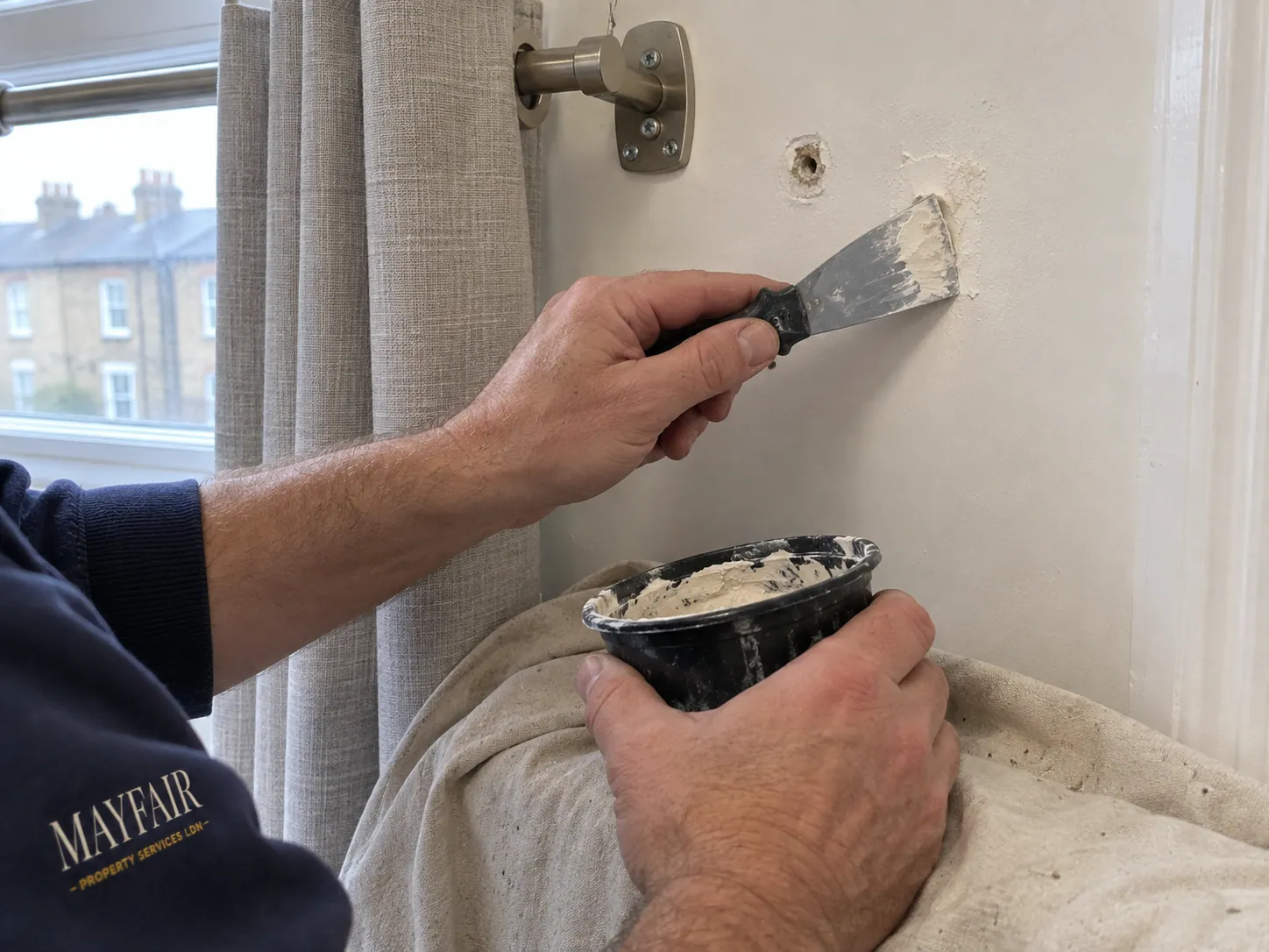 AI-generated illustration: Filling a damaged wall fixing before making good