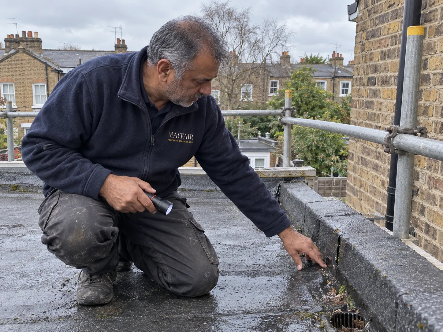 AI-generated illustration: Technician inspecting a flat roof beside a guarded edge