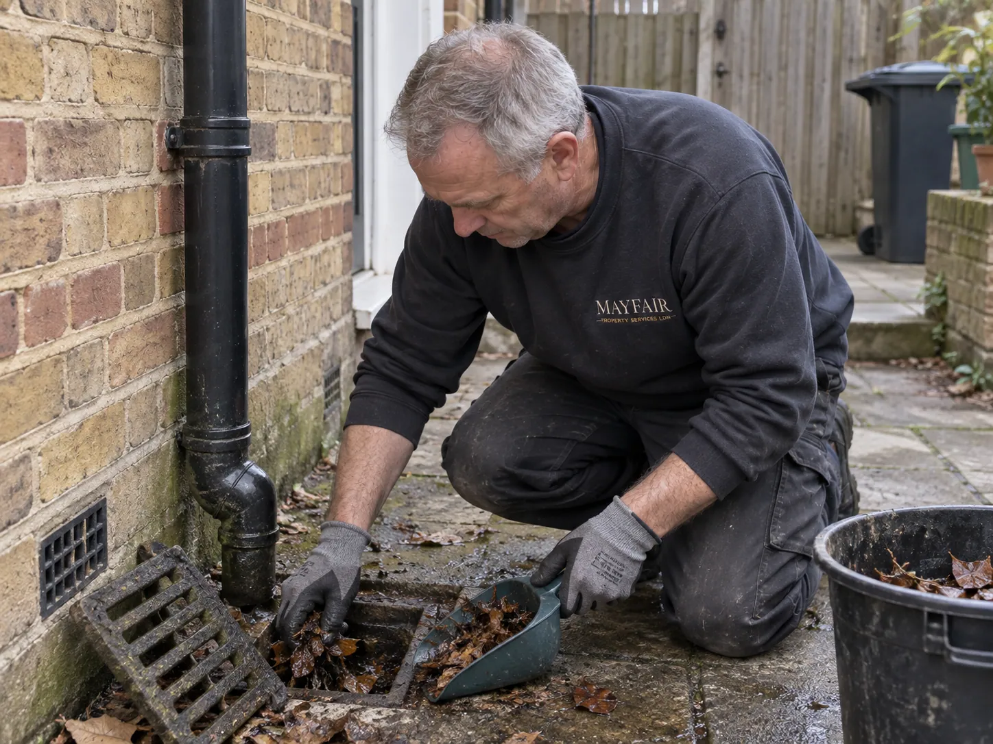 AI-generated illustration: Technician clearing leaves and debris from a low-level gully