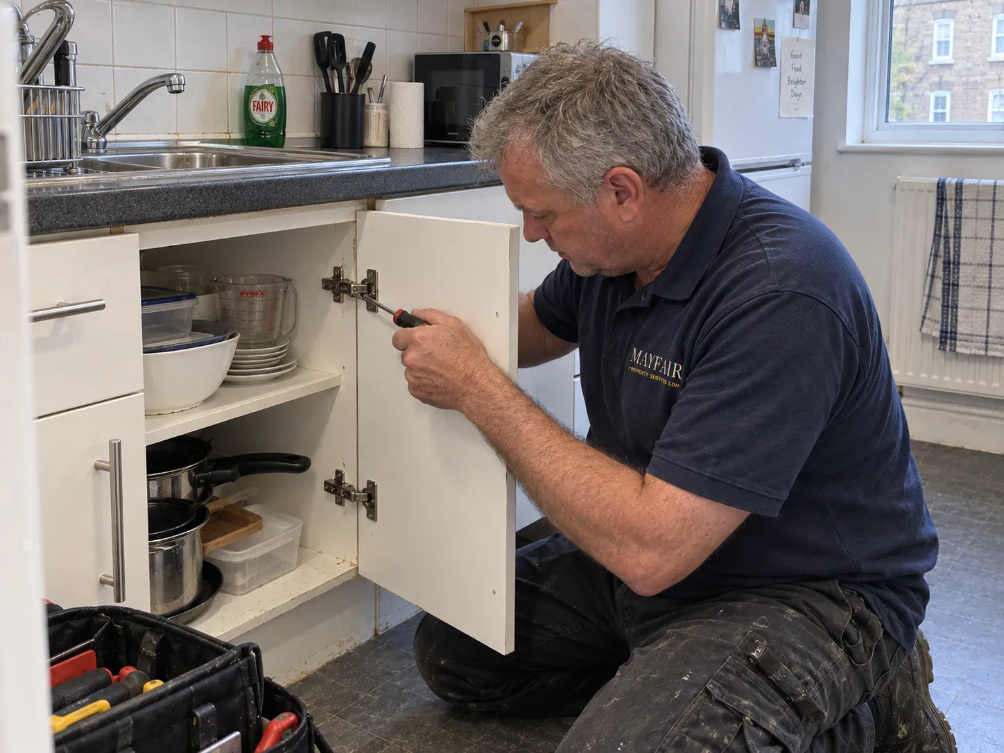 AI-generated illustration: Handyman adjusting a cupboard hinge in a kitchen