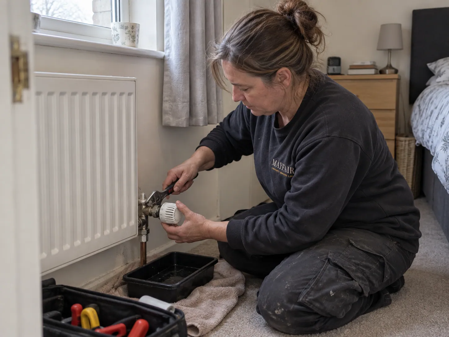 AI-generated illustration: Heating technician inspecting a radiator valve with a collection tray below