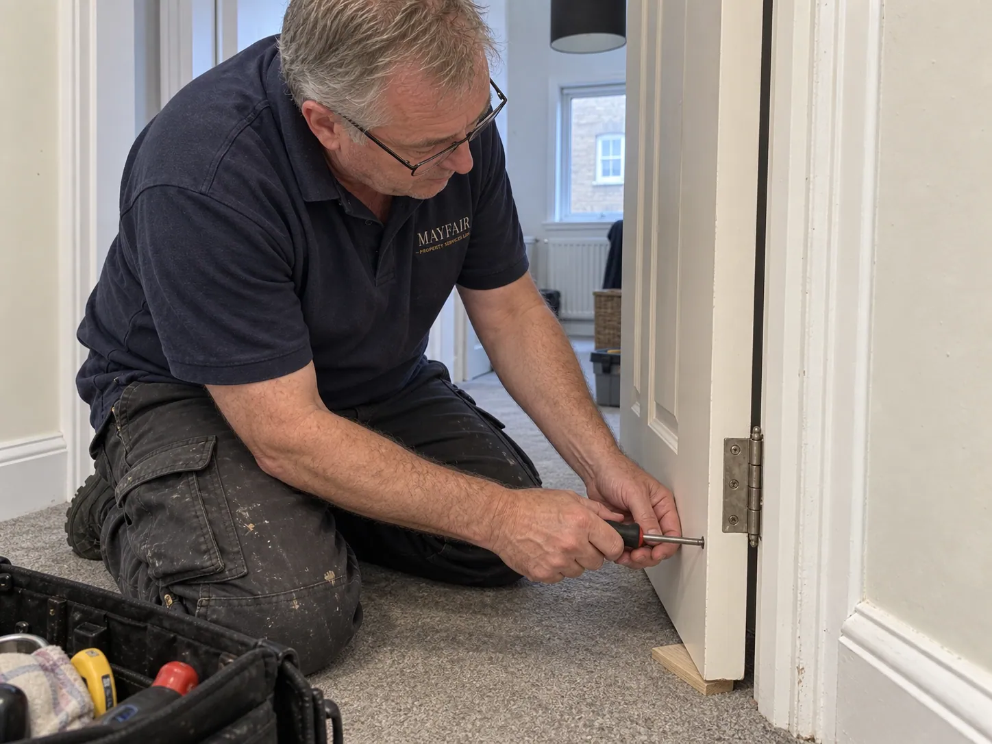 AI-generated illustration: Joiner adjusting the lower hinge of an internal door