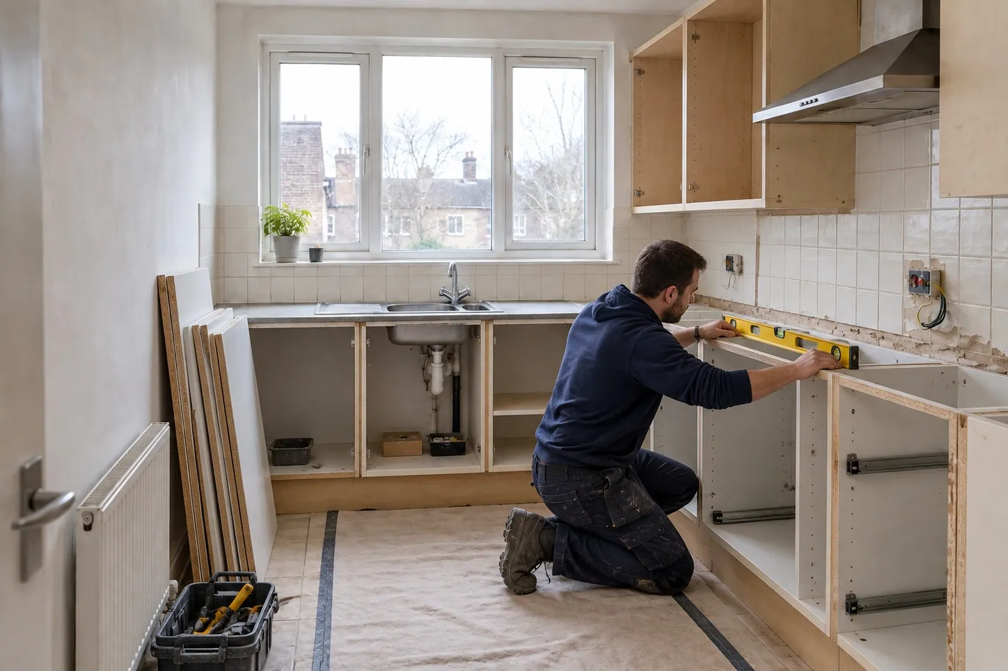 AI-generated illustration: Technician fitting kitchen cabinetry during a refurbishment