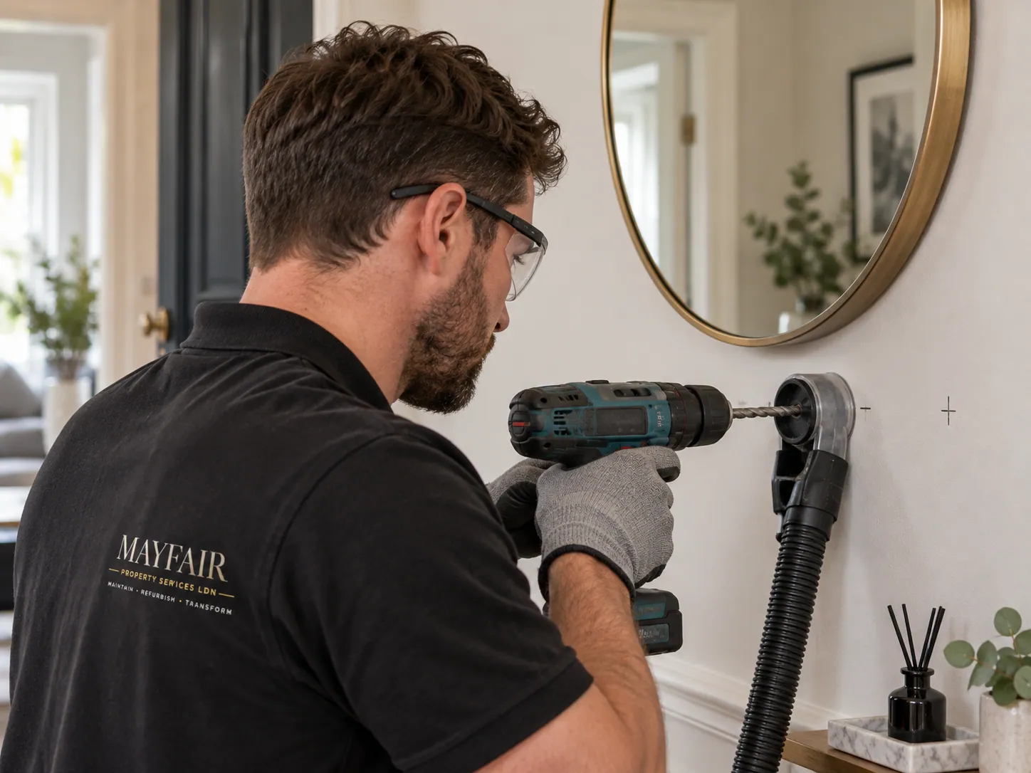 AI-generated illustration: Technician preparing a wall fixing beside a mirror