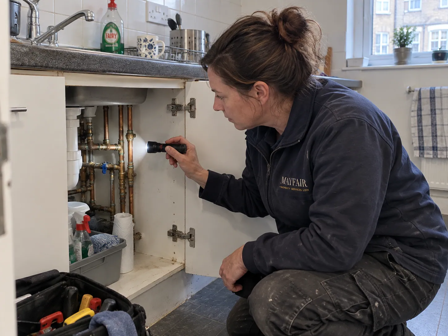 AI-generated illustration: Technician checking accessible pipework beneath a kitchen sink