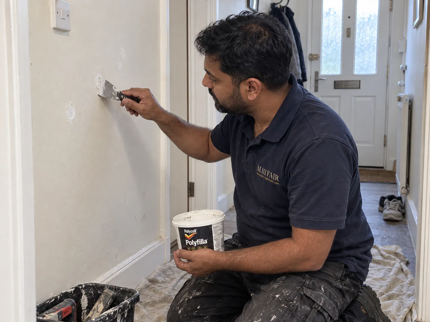 AI-generated illustration: Technician filling a small damaged patch in an interior wall