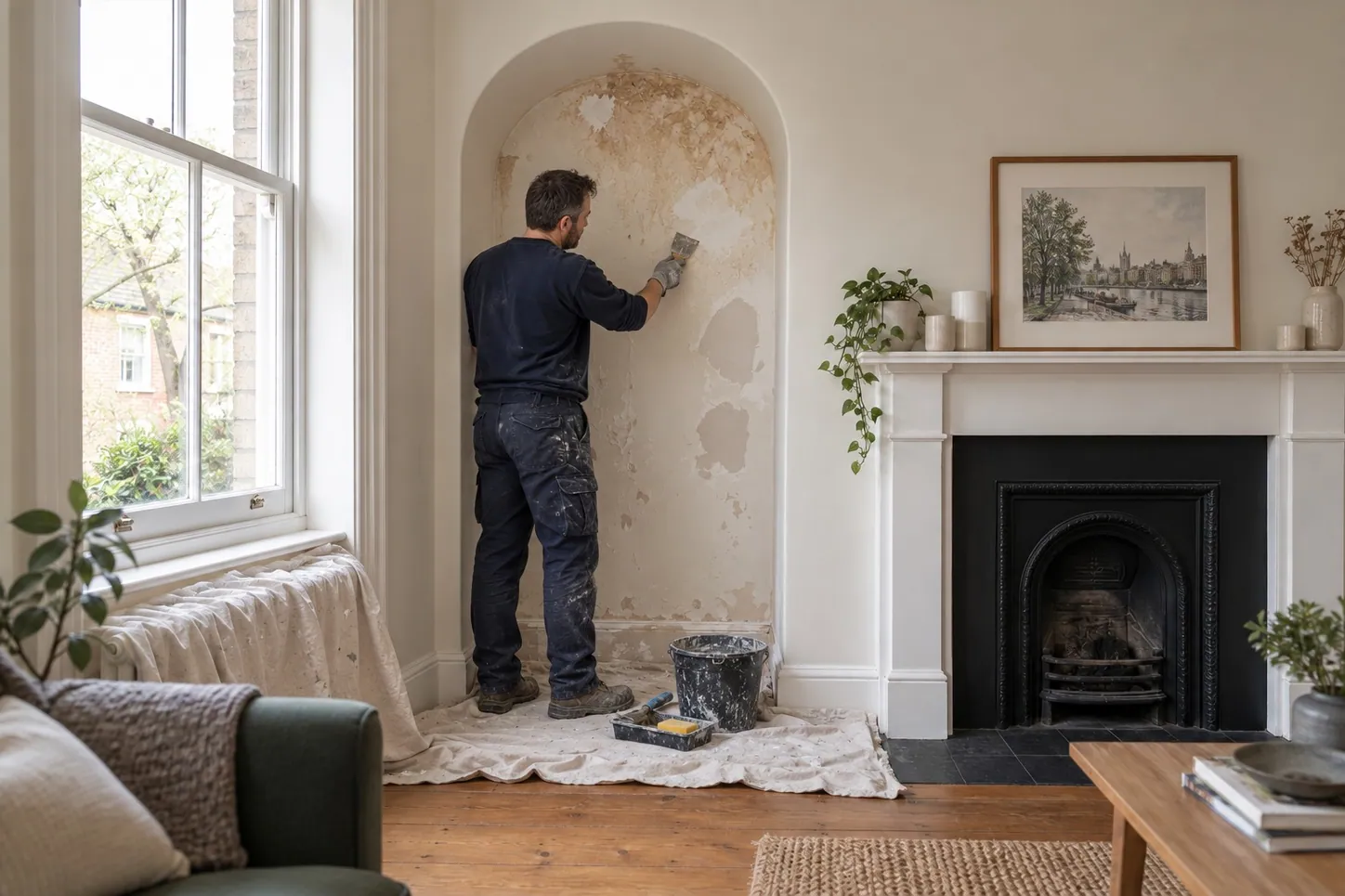 AI-generated illustration: Technician making good damaged plaster in an alcove