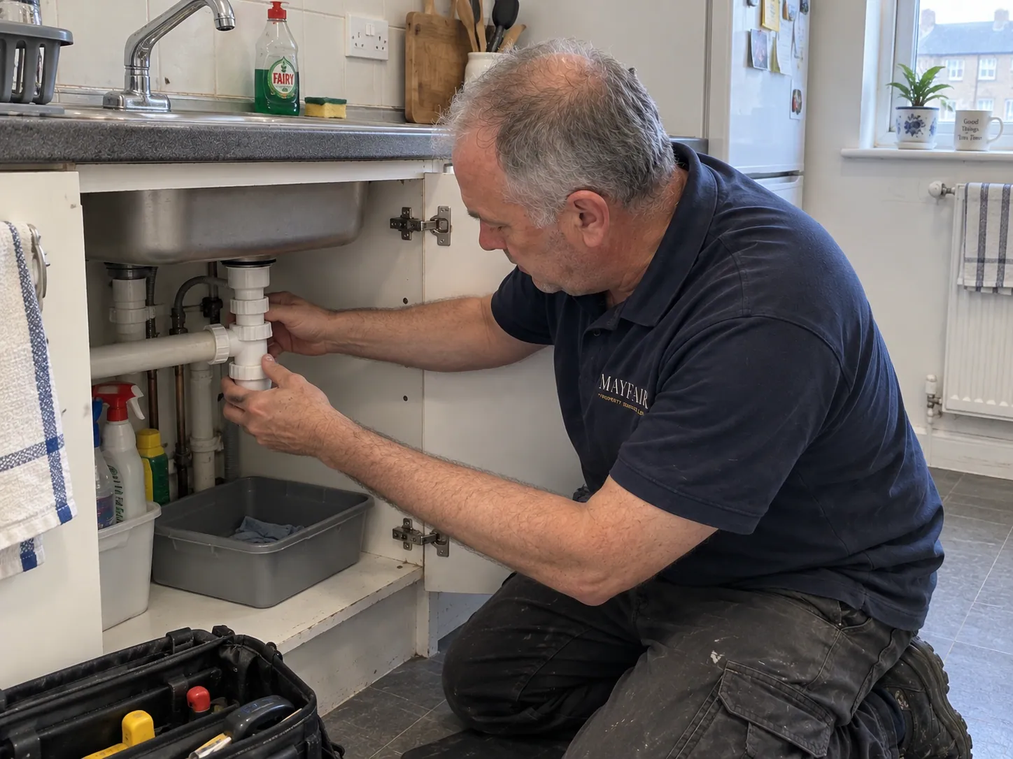 AI-generated illustration: Plumber checking a sink waste connection in a lived-in kitchen