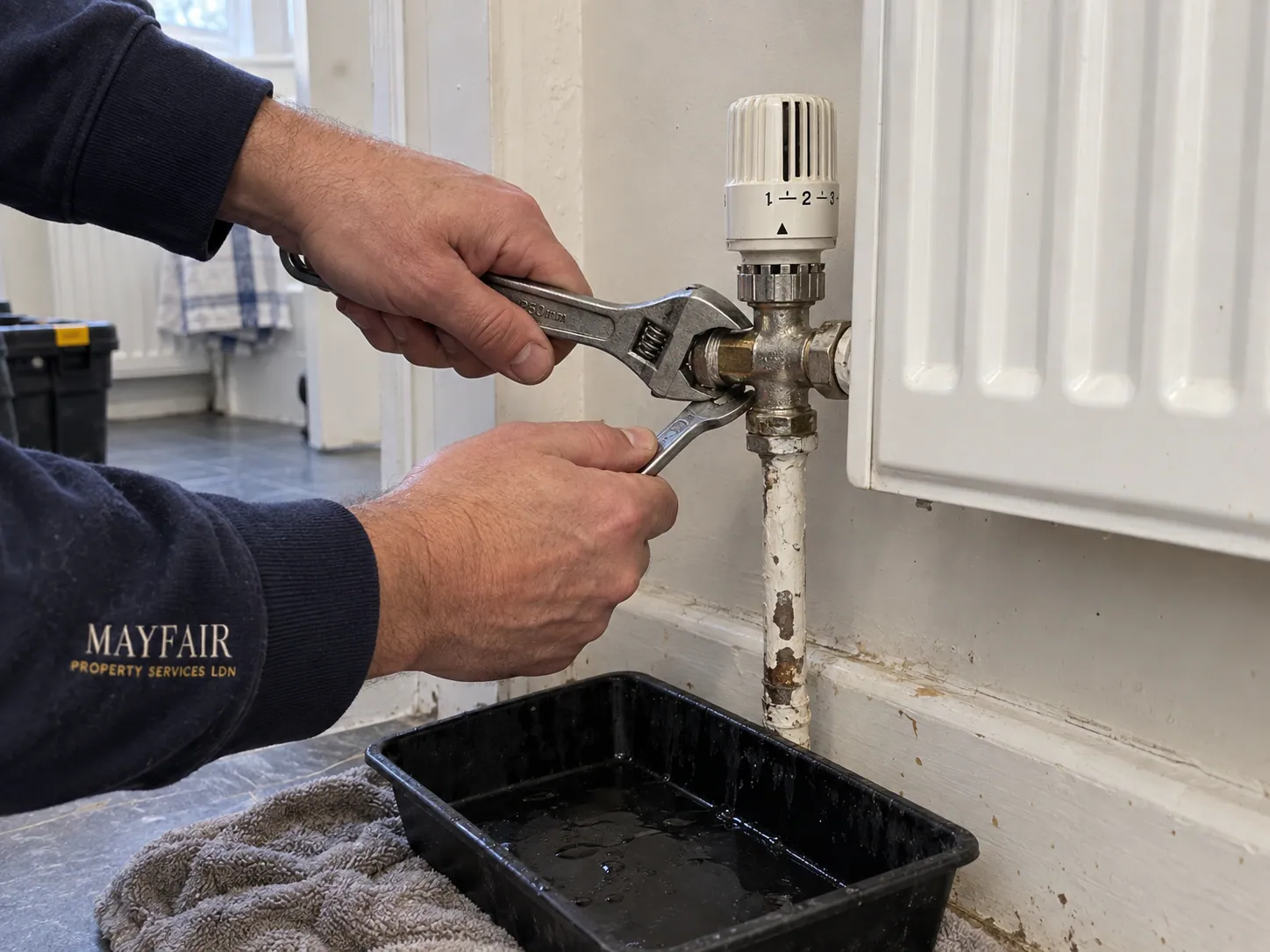 AI-generated illustration: Tools and accessible radiator valve connection