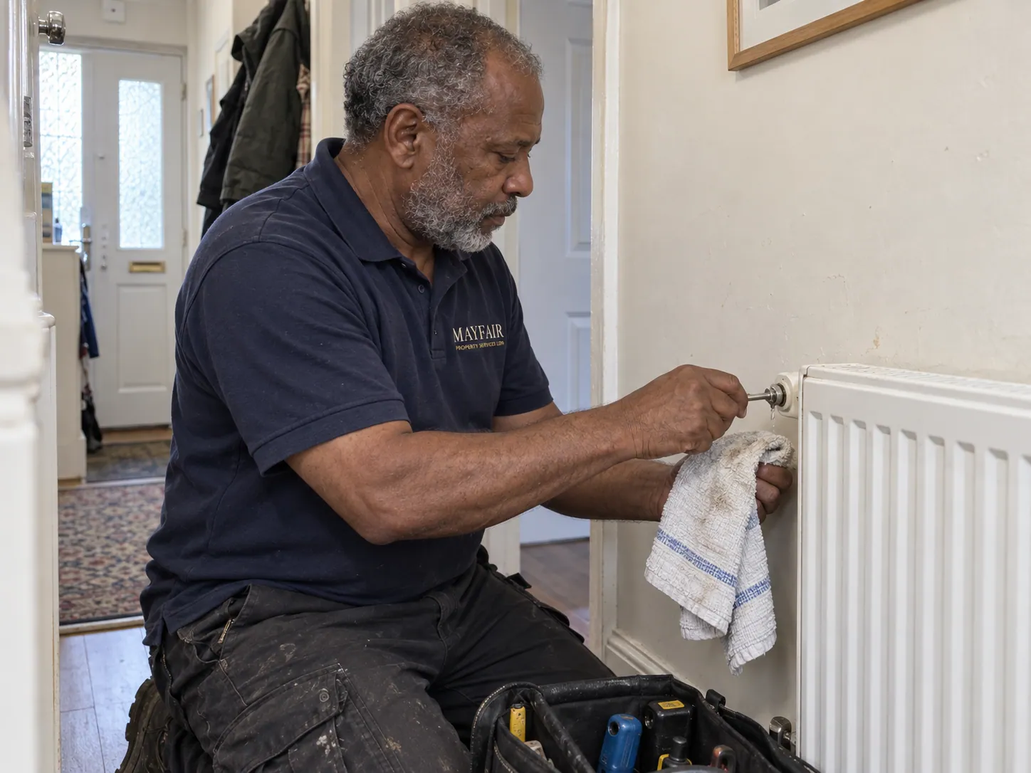 AI-generated illustration: Heating technician checking the top of a domestic radiator