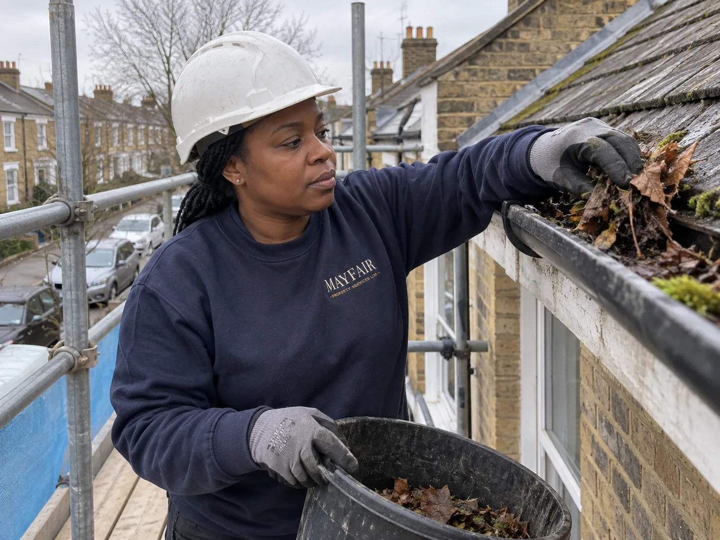 AI-generated illustration: Roofer clearing gutter debris while working from a scaffold platform