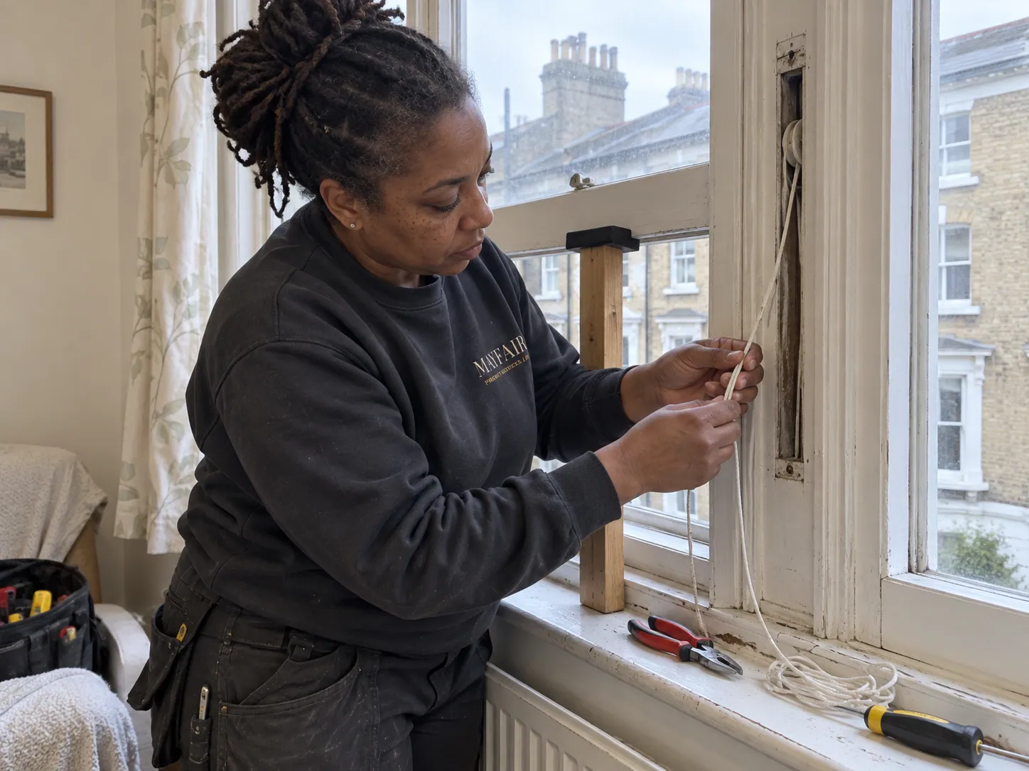 AI-generated illustration: Joiner checking a sash-window cord and fittings
