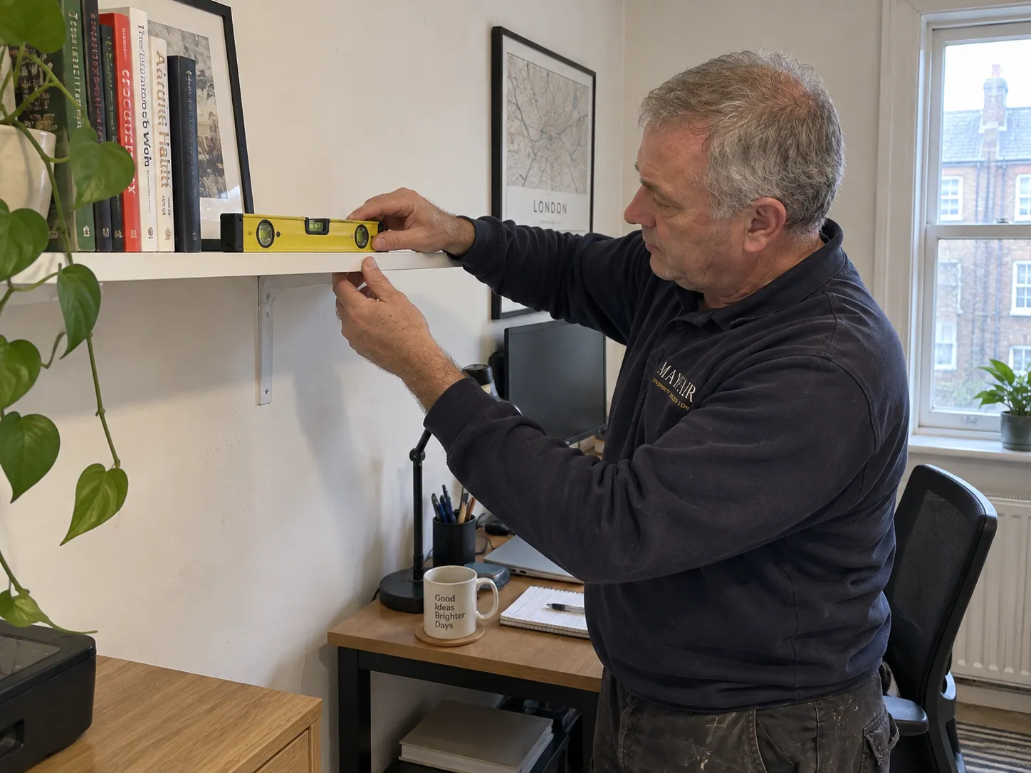 AI-generated illustration: Technician checking the level of a wall shelf