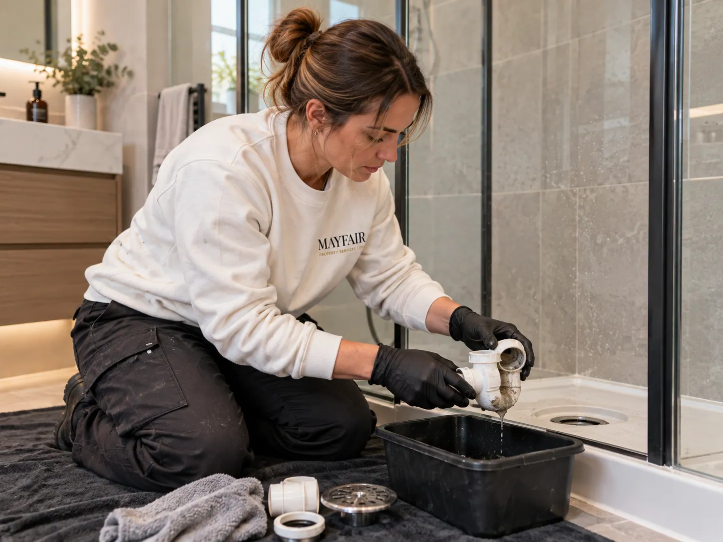AI-generated illustration: Technician cleaning a shower trap with gloves and a collection tray