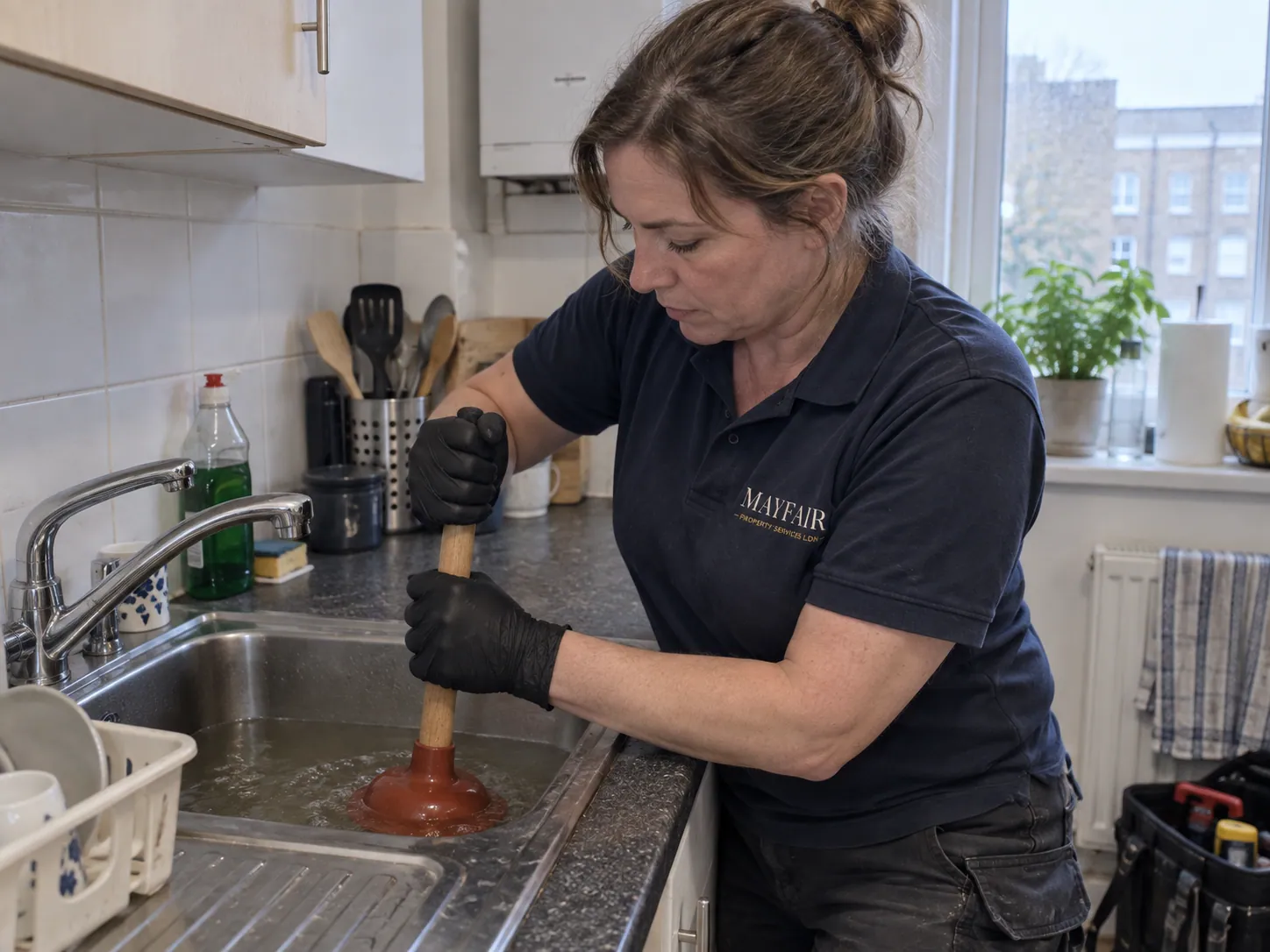 AI-generated illustration: Technician using a plunger on a kitchen sink
