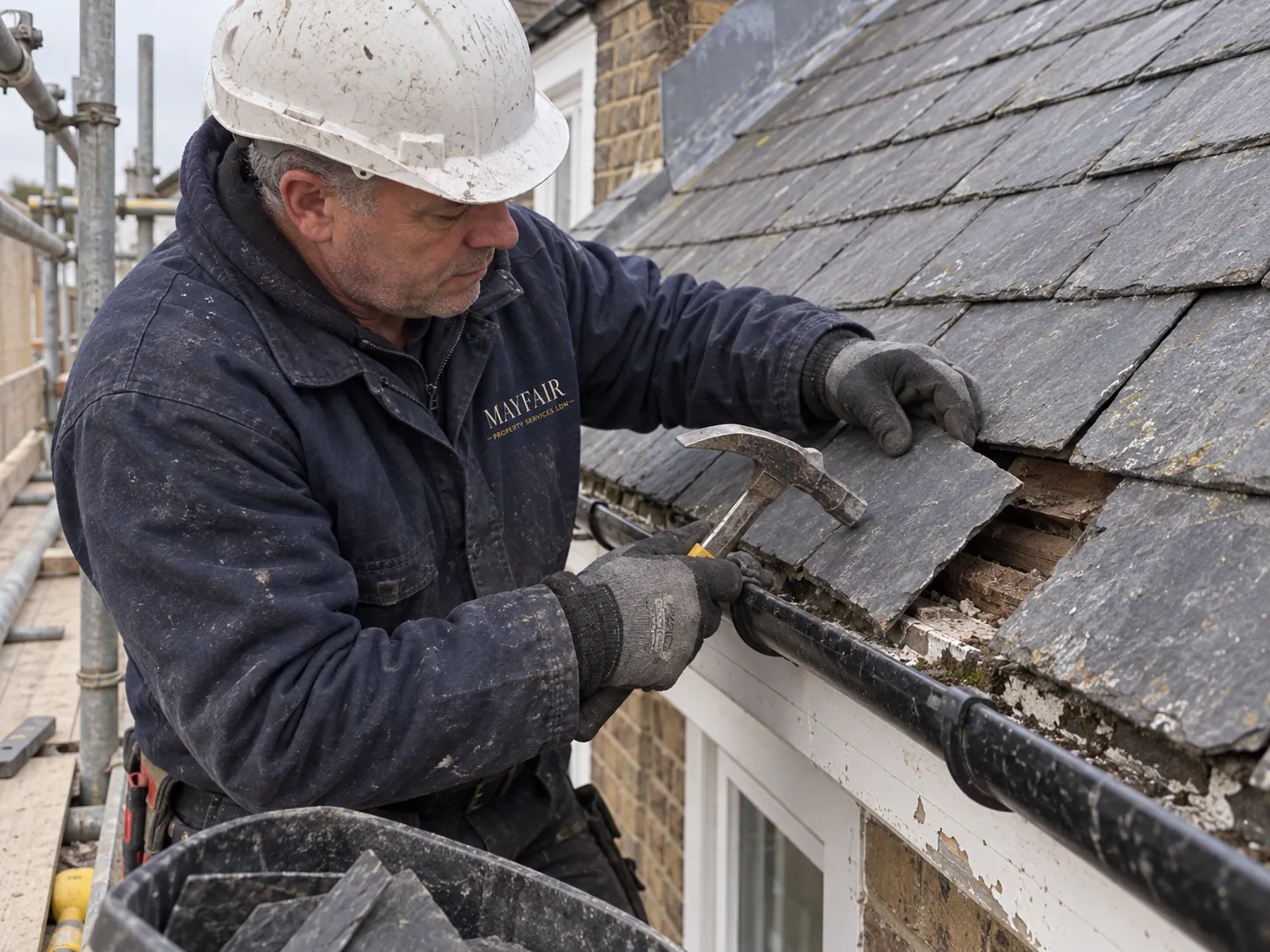 AI-generated illustration: Roofer repairing a slate covering from scaffold access