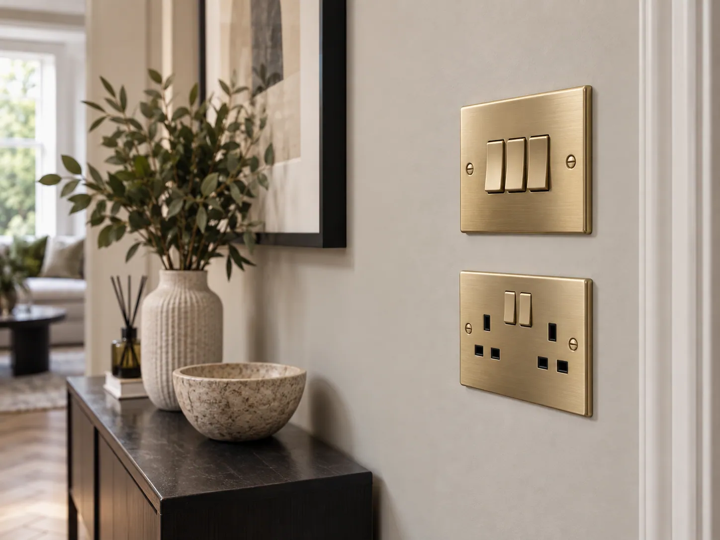 AI-generated illustration: Brushed-metal switches and a UK socket on an interior wall
