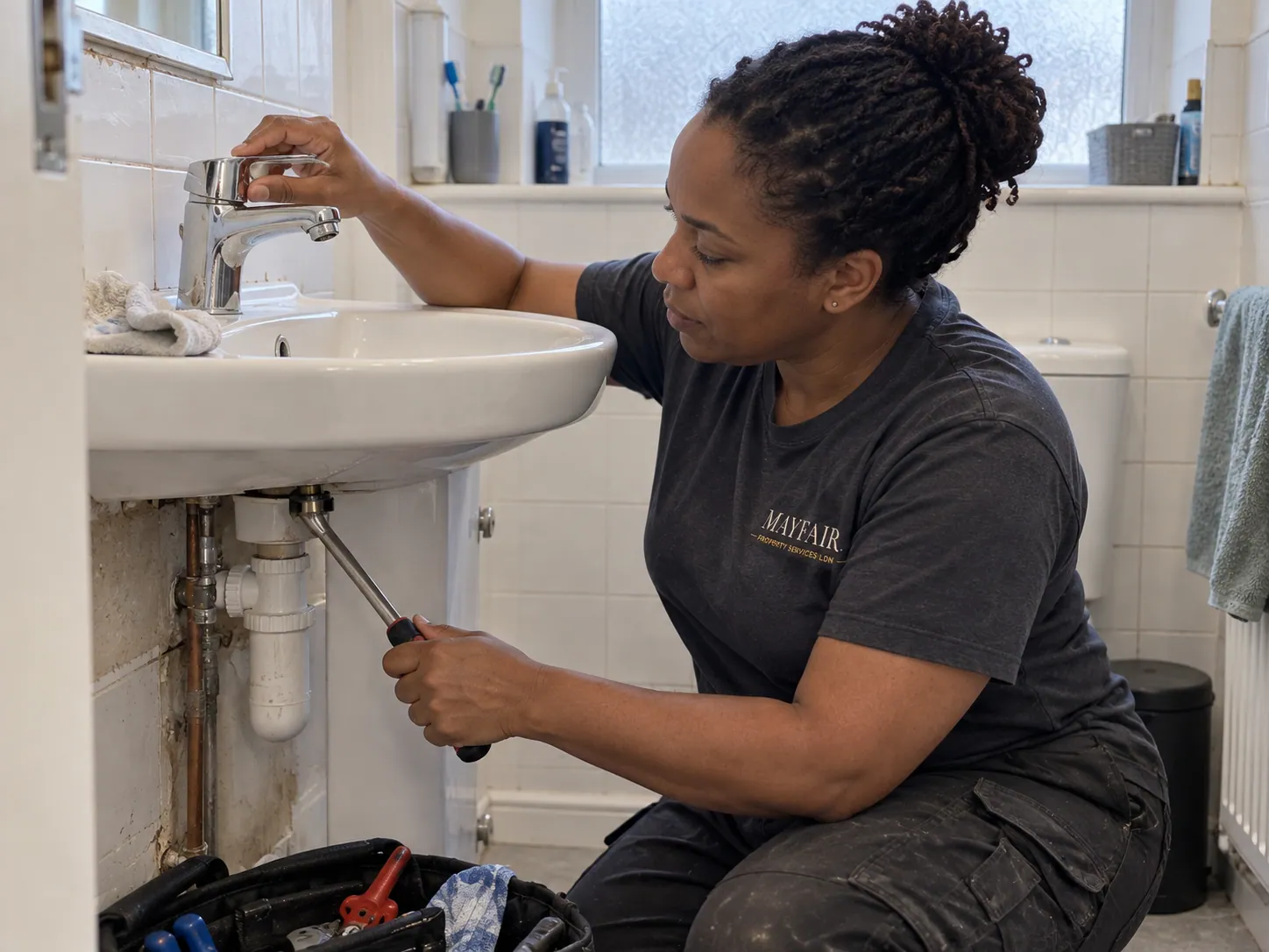 AI-generated illustration: Plumber checking a basin tap and its accessible connections