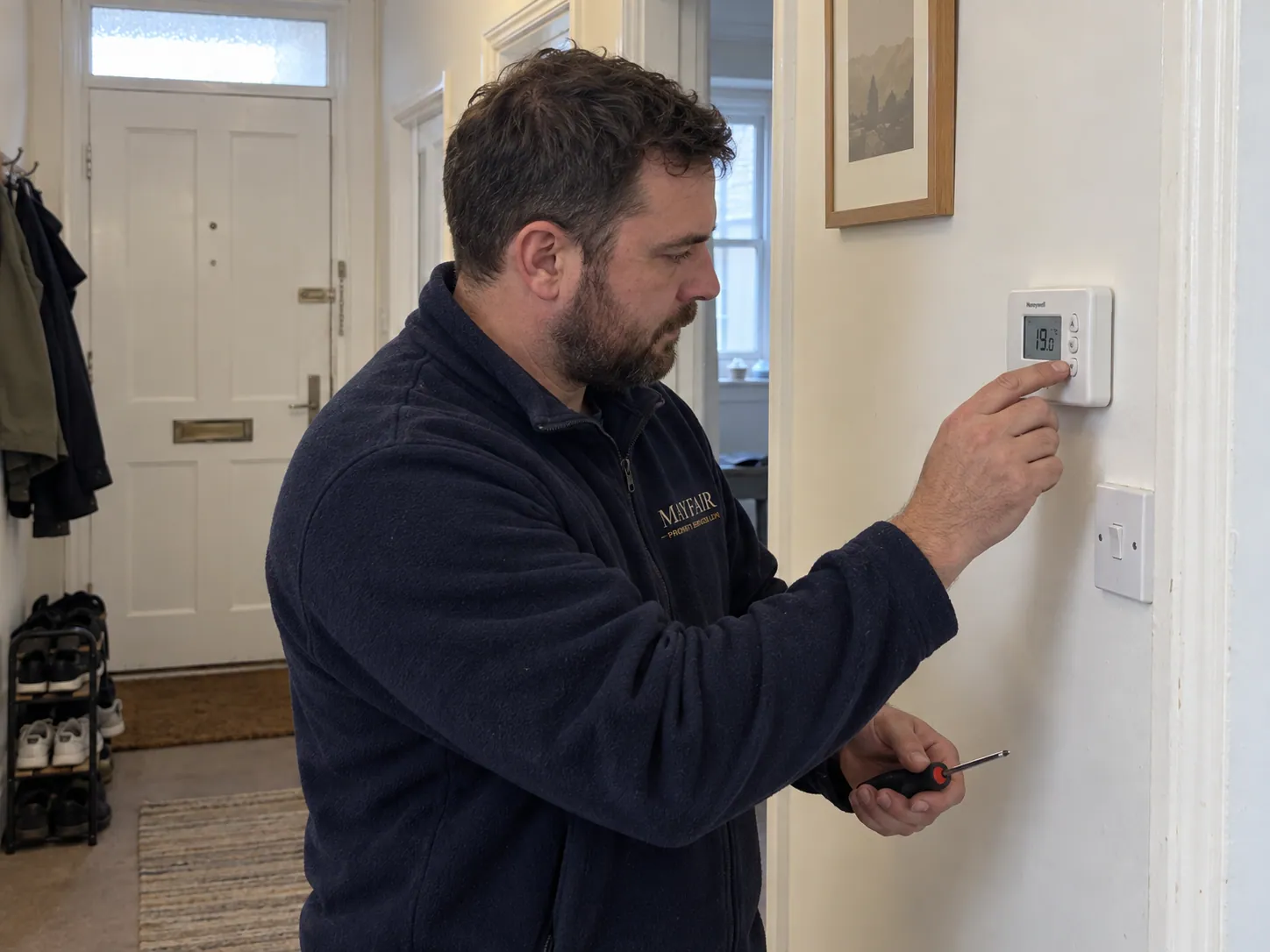 AI-generated illustration: Technician checking a wall-mounted room thermostat