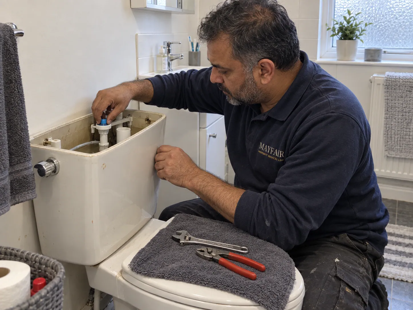 AI-generated illustration: Plumber inspecting a toilet cistern with the lid removed