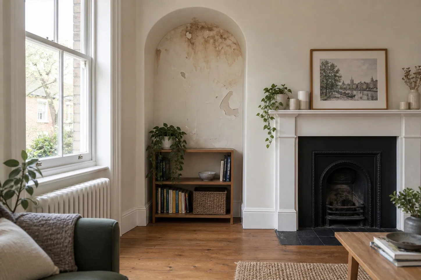 AI-generated illustration: Water-marked and damaged plaster in an alcove