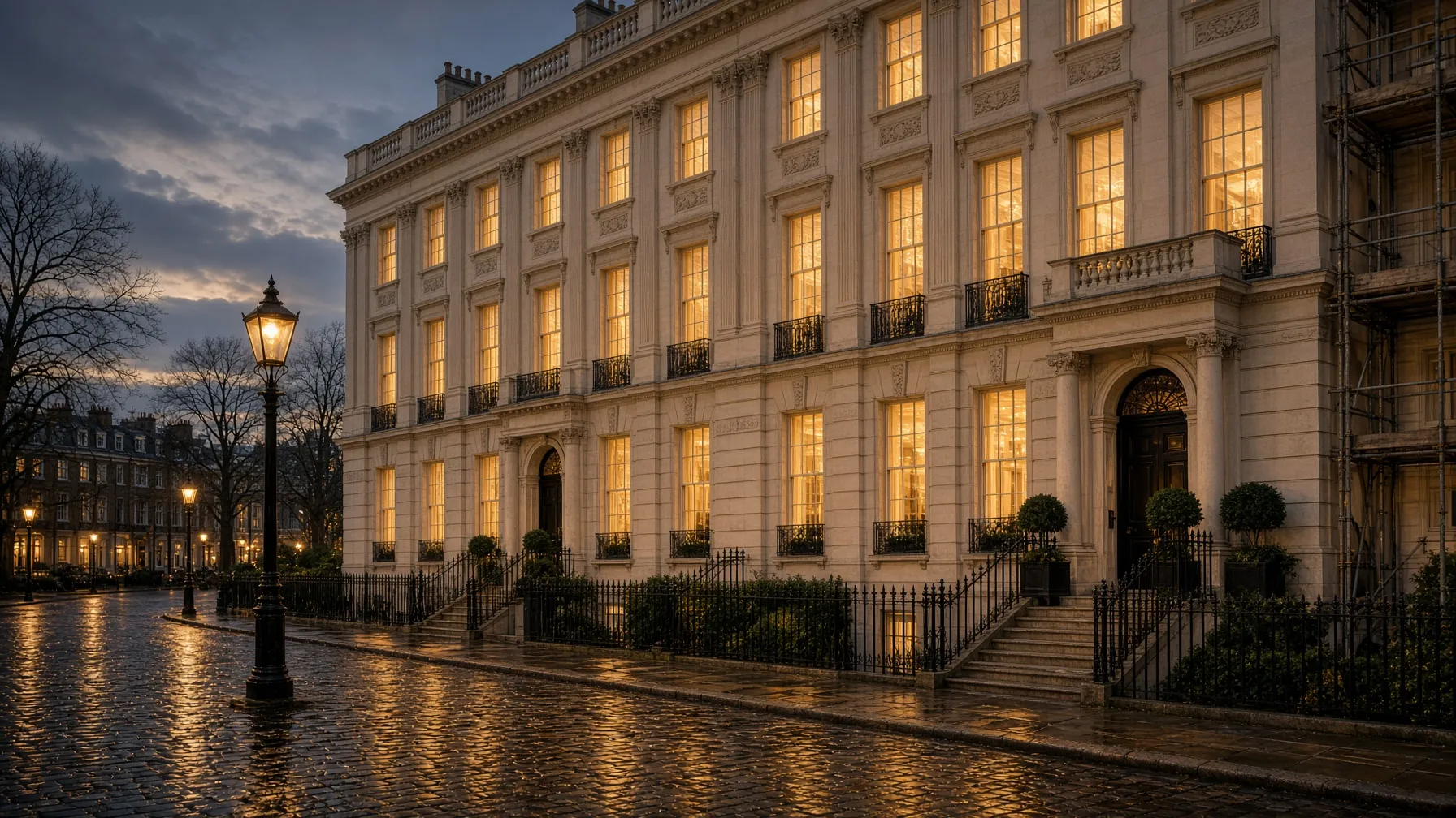 A stucco London building at dusk, lamps lit along the wet street