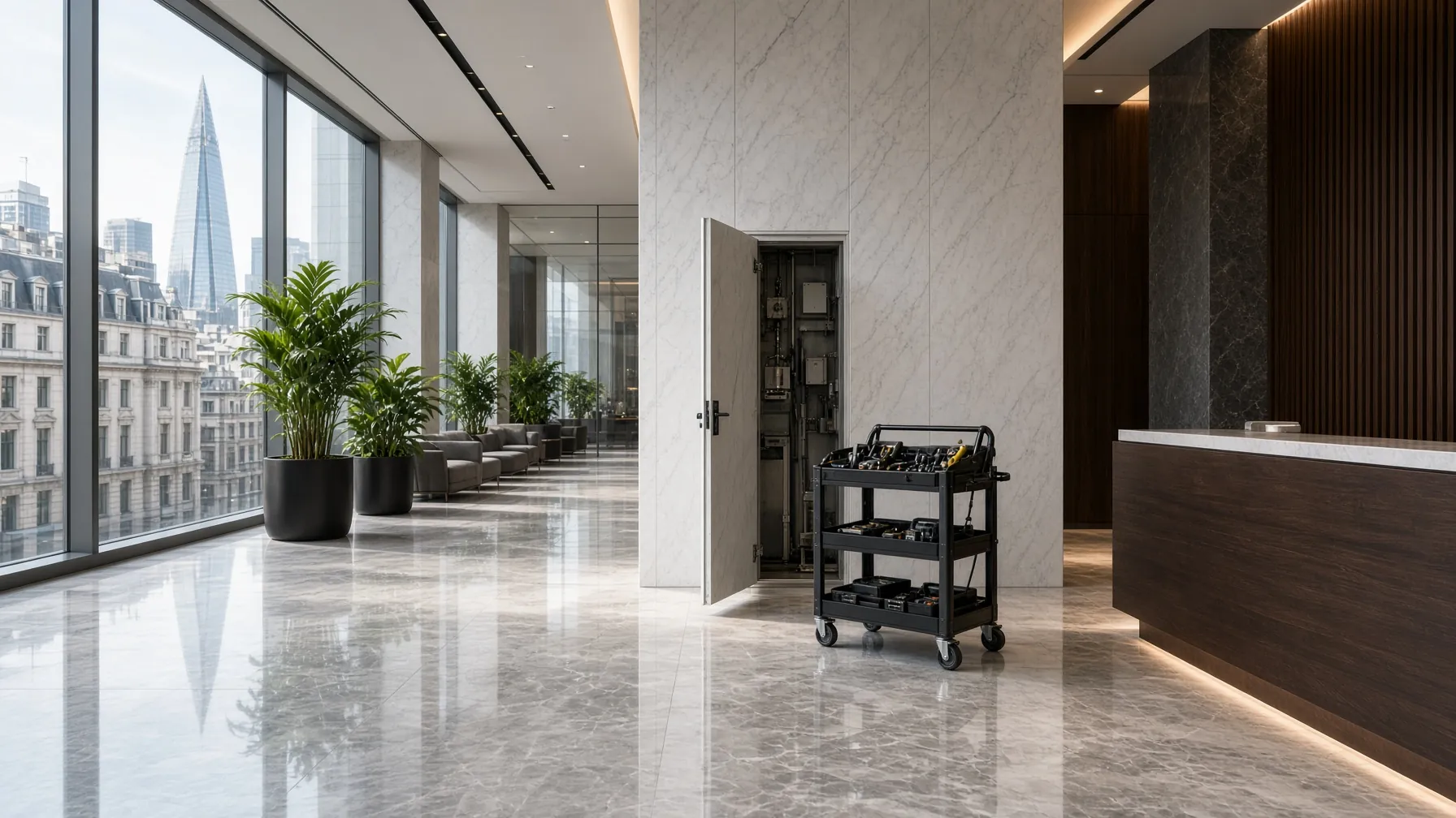 A commercial lobby with the City through the glass