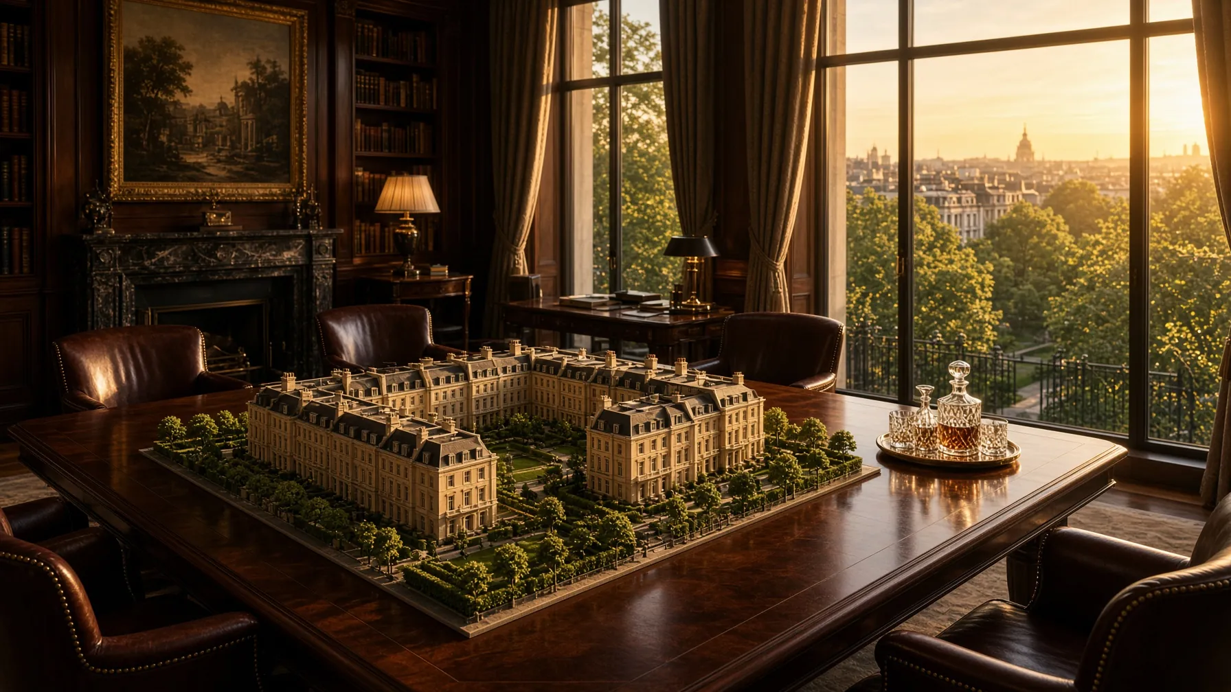 A panelled study at sunset: a model of a London terrace on the table, the city through the window