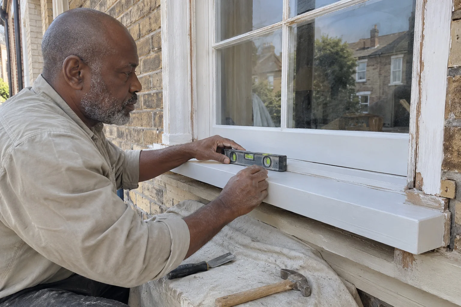 A joiner levelling a new window sill on a London terrace