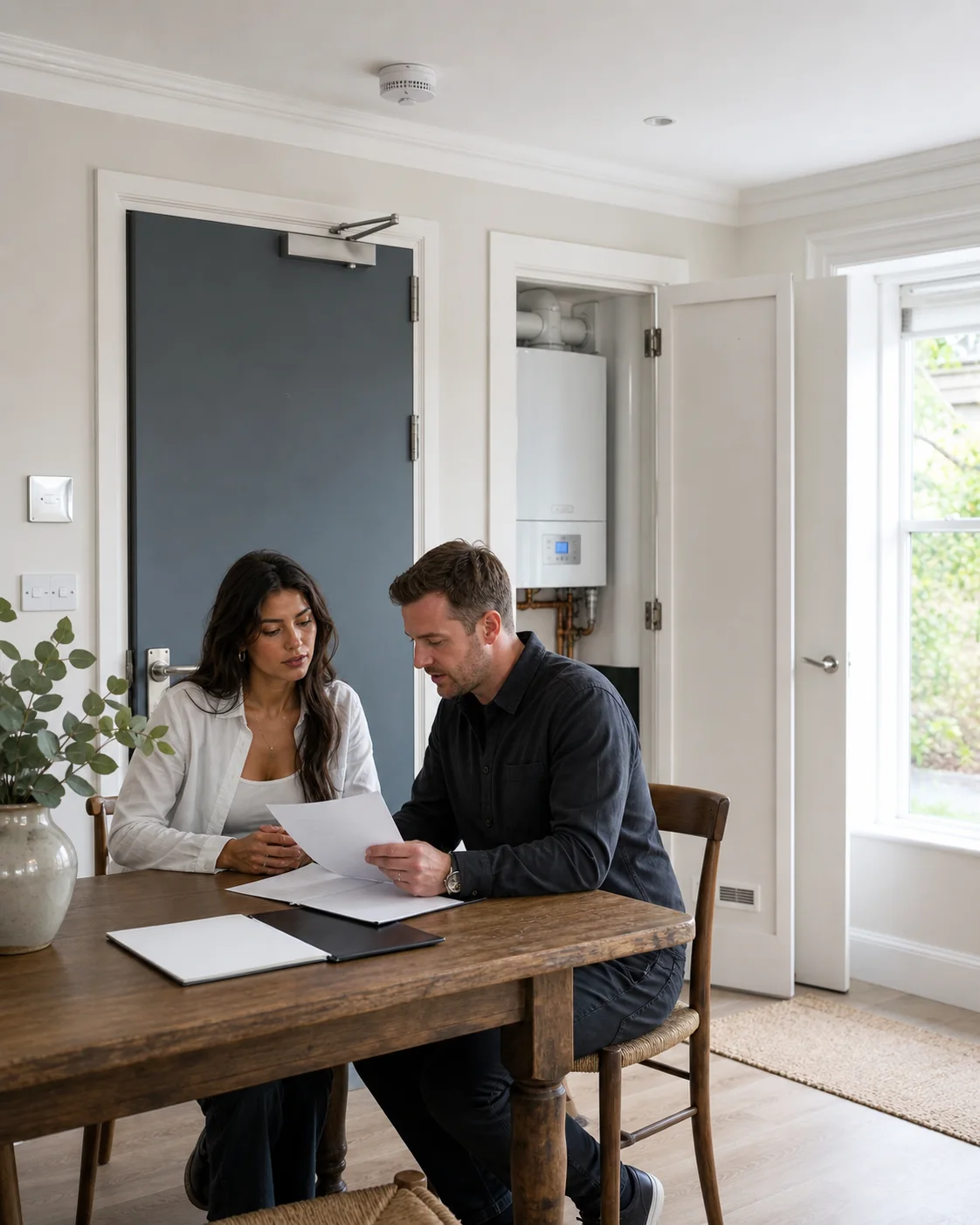 An engineer going through the report with the homeowner, the boiler cupboard open