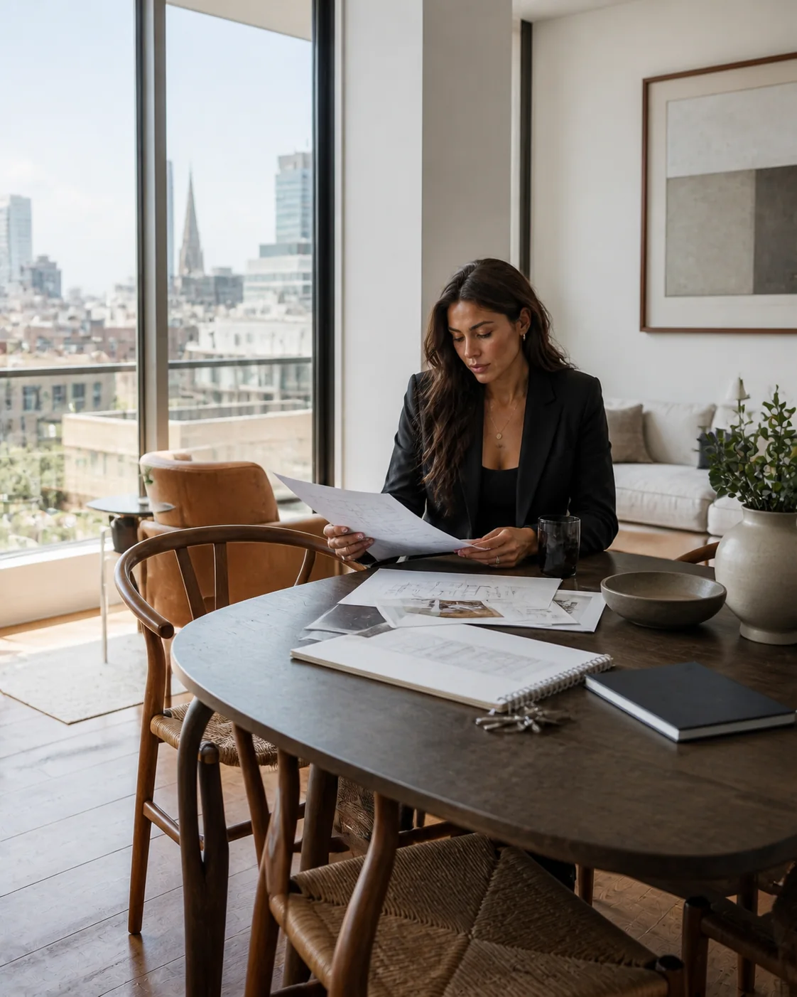 An investor reading drawings at a table above the London skyline